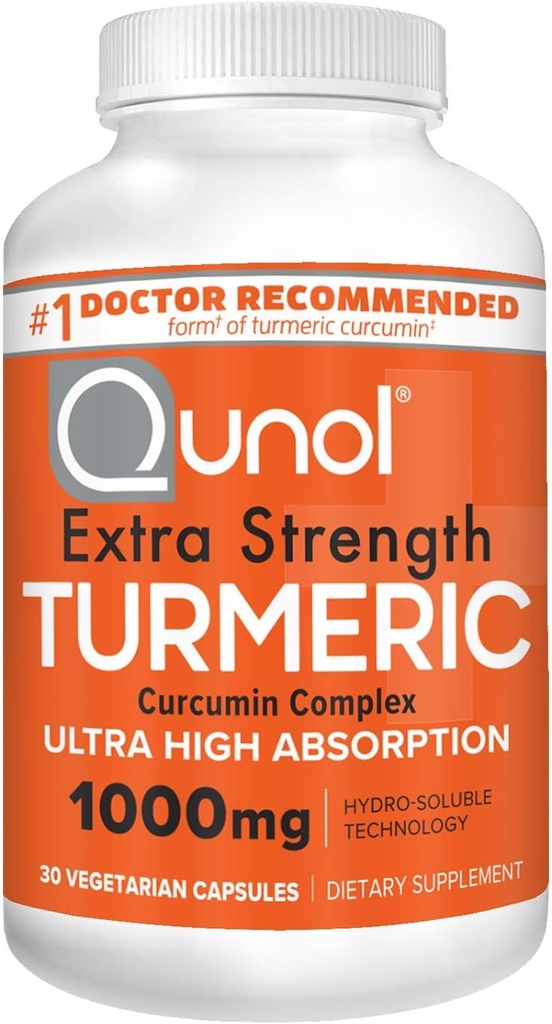 Qunol Turmeric Curcumin kapselit, 1000 mg Extra Strength Supplement, Patentoitu Hydro-Soluble Technology, Vaihtoehto Turmeeric Curcumin mustapippuri, 30 kasviskapselit