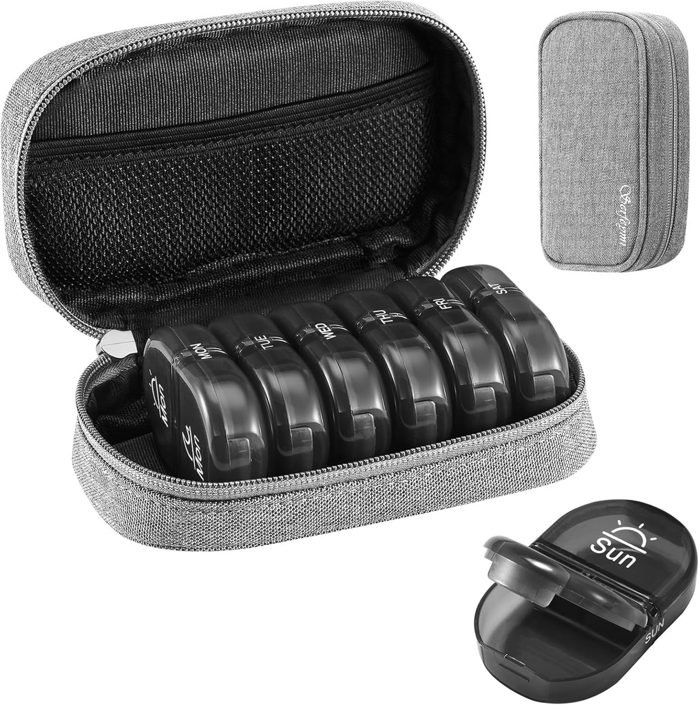 Serfeymi Weekly Travel Pill Organizer 2 gånger per dag AM PM Uppgraderad Black Pill Box 7 Dag med Portable Zipper Canvas Pill Case, Medicine Organizer för piller, vitaminer, kosttillskott, fiskoljor - Grå 01