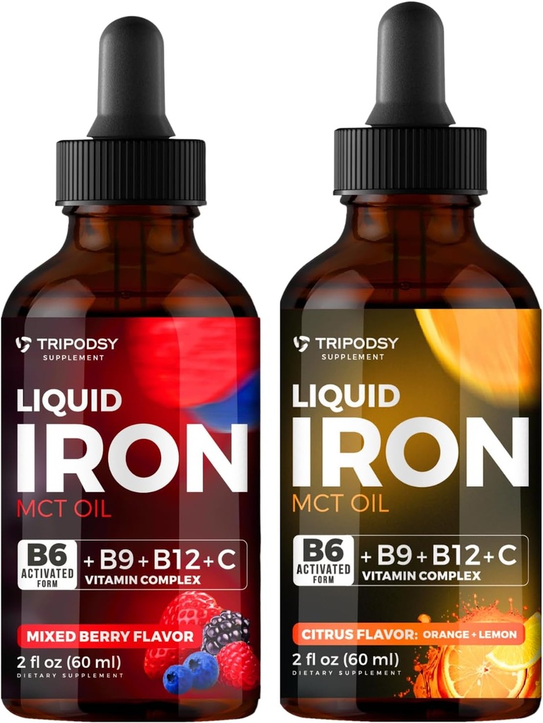 Liquid Iron Supplement, Iron Drops, Naiset ja miehet, B6, B9, B12, C-vitamiini, Anemia, Veren rakentaja, Folaatti, Punainen Verisolu, Immunotuki, MCT Oil, Citrus, Mixed Berry