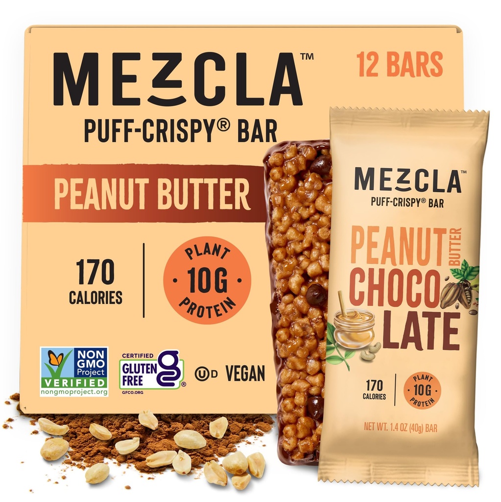 Mezcla Puff rapea proteiinipatukoita, gluteeniton ja vegaaninen proteiinipatukka, 10g proteiinia, Alt rapeaa riisiherkkua, granolapatukoita ja aamiaispatukoita, terveitä välipaloja aikuisille, maapähkinävoisuklaata, 12 pakkaus