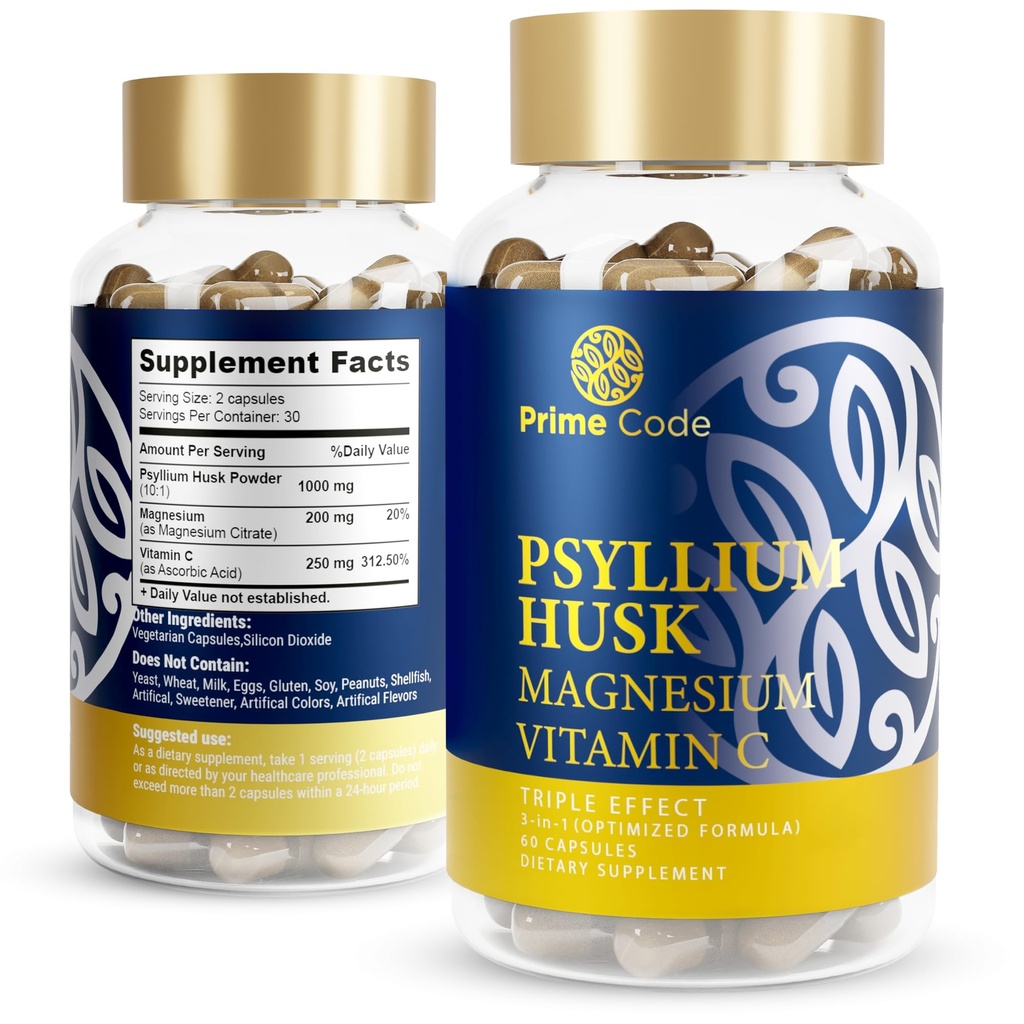 Prime Code [3 in 1] Psyllium Husk kapselit magnesiumsitraatti ja C-vitamiini Psyllium Husk kapselit 1000 mg ... Magnesiumsitriitti 200 mg...