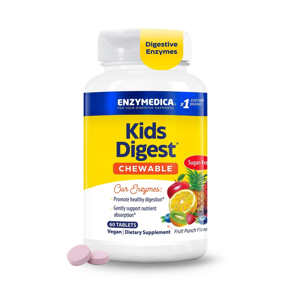 Enzymedica Kids Digest, Pureskeltavat Dgestive Enzymes, Natural Fruit Punch Flavor, 60 Tarjoilut