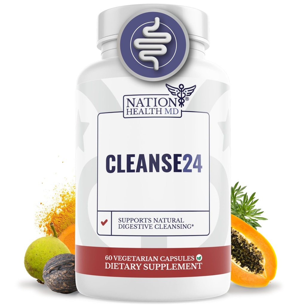 Cleanse24 - Intestinal Cleanse for Humans with Wormwood, Papaya, Black Walnut - Herbal Intestinal Cleanse, Gut Cleanse for Men & Women, 60 kapselia