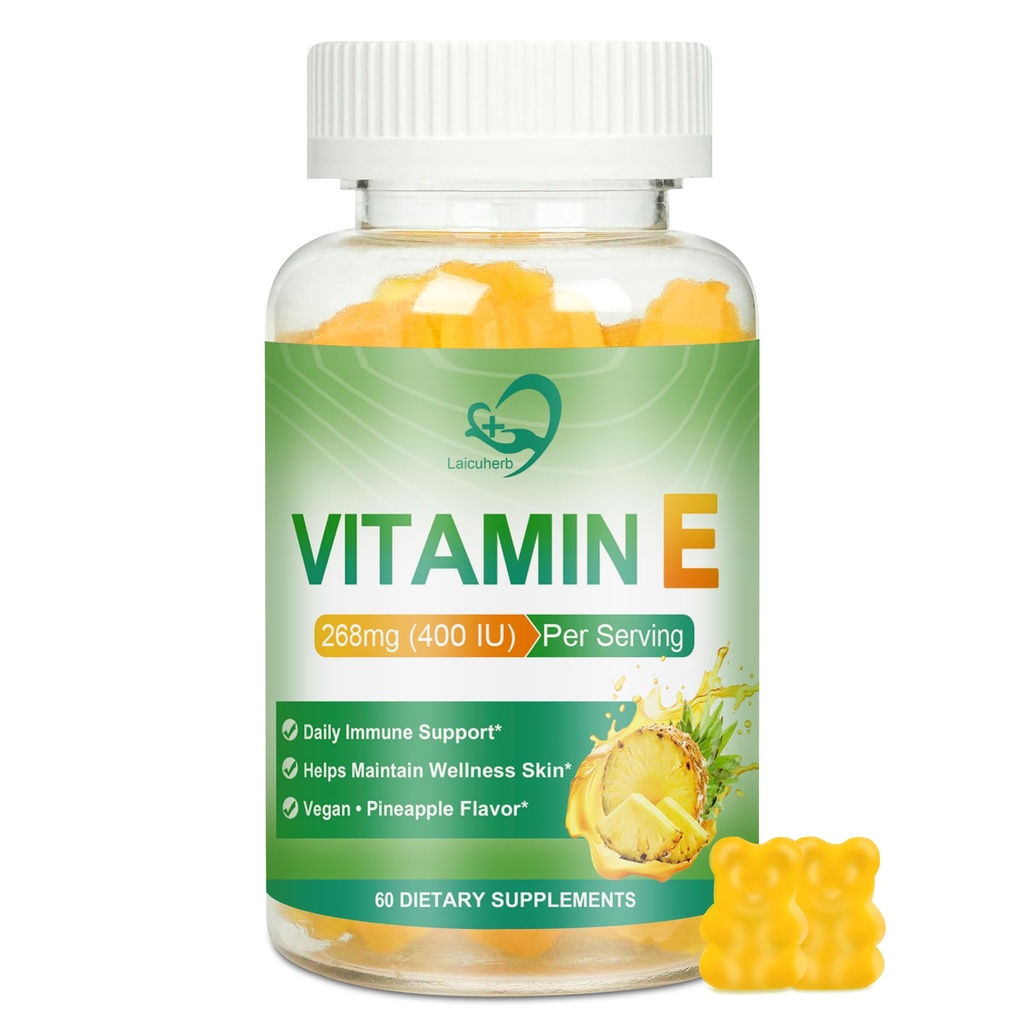 Laicuherb Vitamin E Gummies for Skin & Immune, Pineapple Flavor 268mg Per Serving Vitamin E 400 IU Gummies for Adults, 60 Count Sugar-Free Gluten-Free Vegan Gummy for Daily Wellness