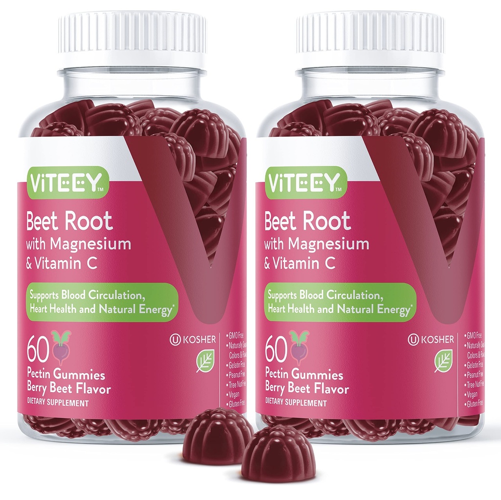 Viteey Beet Root Gummies med Magnesium & Vitamin C - Beetroot Supplement för hjärthälsa, blodtrycksstöd - Vegan, Glutenfri - 120 greve