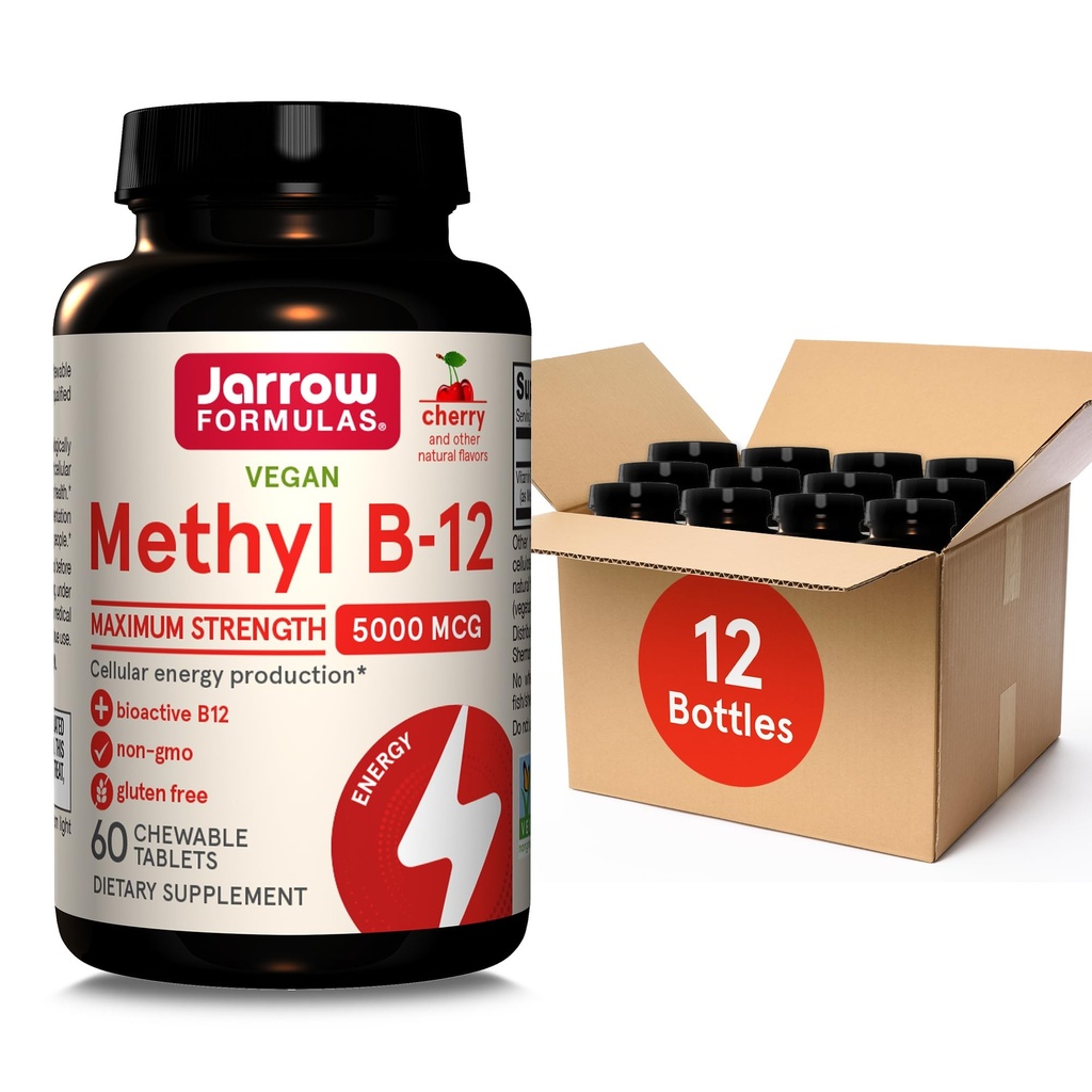 Jaarrow Formula Maximum Strength Metyyli B-12 5000 mikrog, ravintolisä solutuotannon ja aivojen terveystuki, 60 Cherry-flavored purutabletteja, 60 päivän toimitus, pakkaus 12
