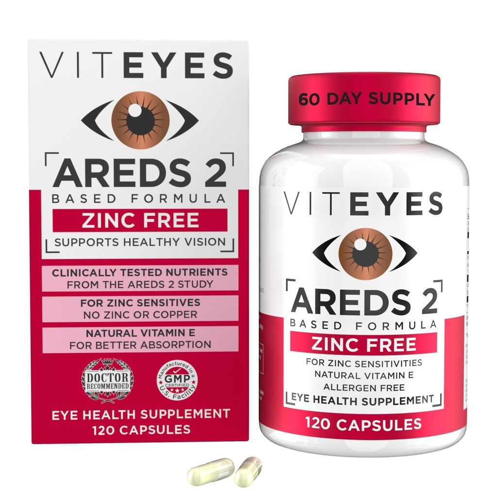 Viteyes AREDS 2 Sinkkitön Macular Support, Natural Allergen vapaa kapselit E-vitamiini, C-vitamiini, Lutein & Zeaksantiini, Ei sinkkiä, Ei kuparia, Silmälääkäri Luotettu, valmistettu Yhdysvalloissa, 120 Ct