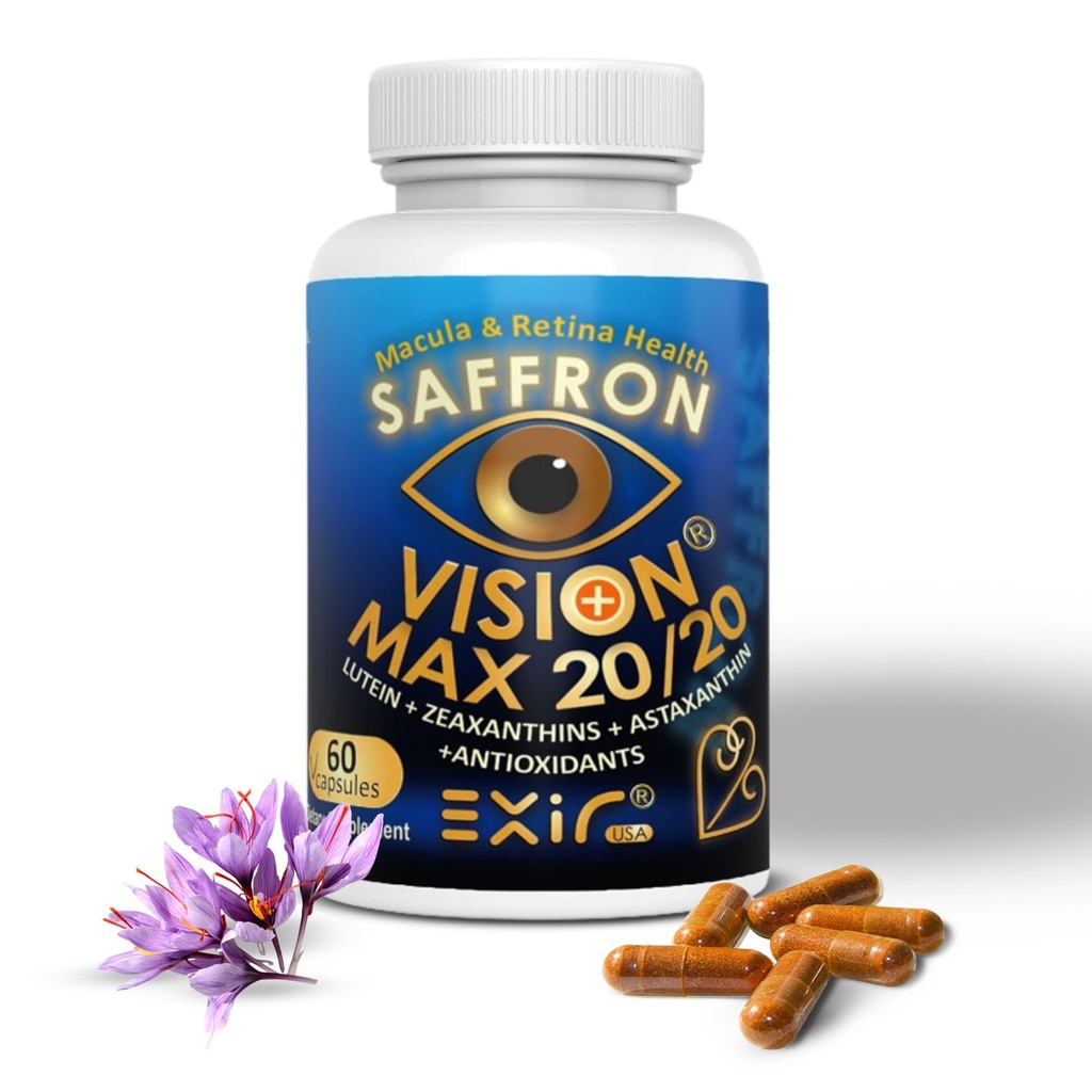 EXIR Eye Vitamins Lutein, Saffron Astaxanthin, Zeaxanthin, Grape Seed, Turmeric Supplement för Floaters, Strain, Pressure, Night Vision, VM20-60 kapslar