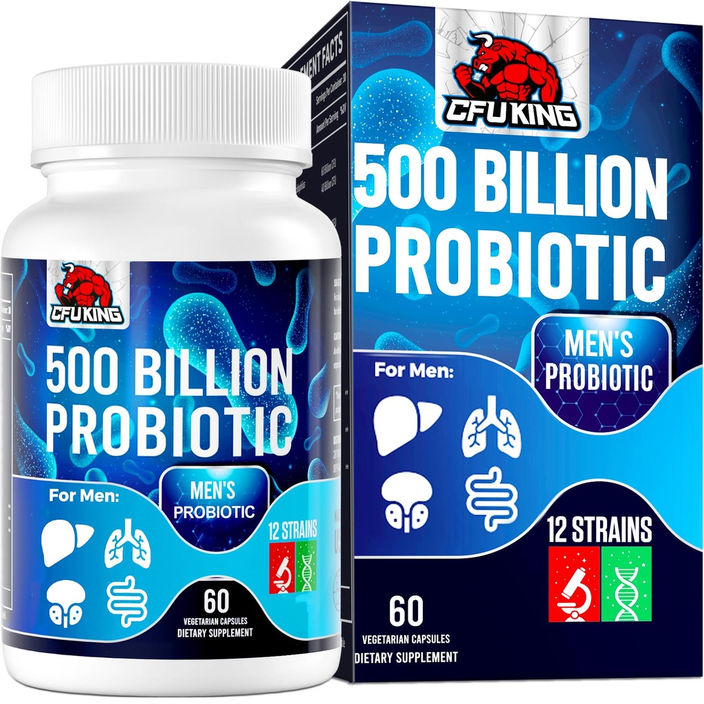 Probiootit miehille, 500 miljardia PMY & 12 Mens Probiootit digestiiviselle terveydelle + 4 Organic Prebiotic Fiber, for digestive, Gut, Immuno Health, turvotus, kaasu, energiatuki, Hyllytabletti - 60 kapselia