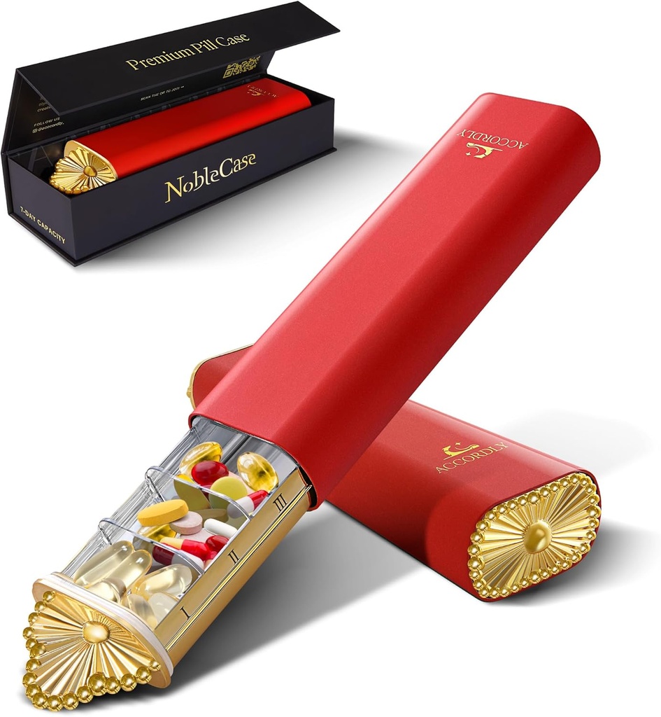 Premium Weekly Pill Organizer, 7-Day Compact Pill Case för handväska, lätt guld Aluminium Pill Box för vitaminer, medicin, kosttillskott, lyx Wellness Gift