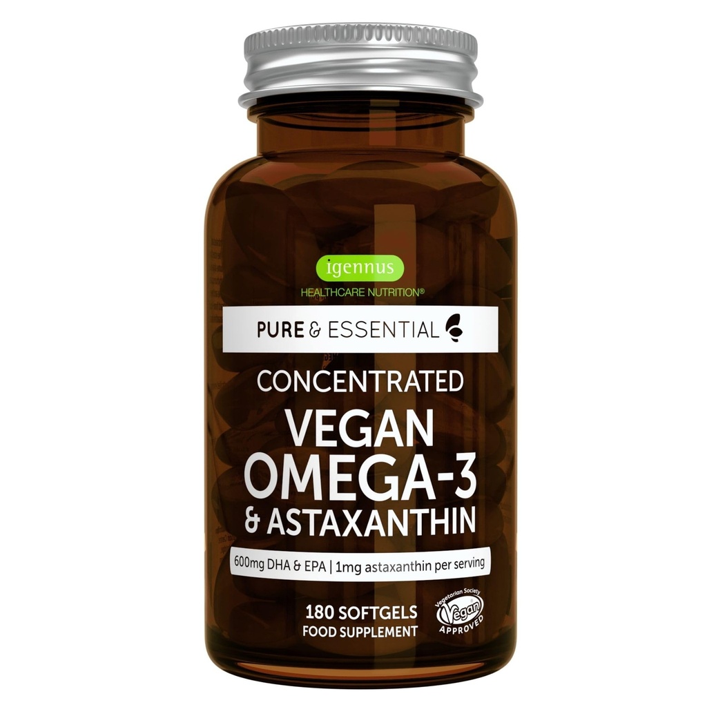 Igennus Vegan Omega-3 Natural Triglyseride Algae Oil, DHA & EPA rasvahappolisä, 180 pientä softgelia astaksantiinilla, helppo niellä, puhdas ja kestävä, 90 tarjoilua