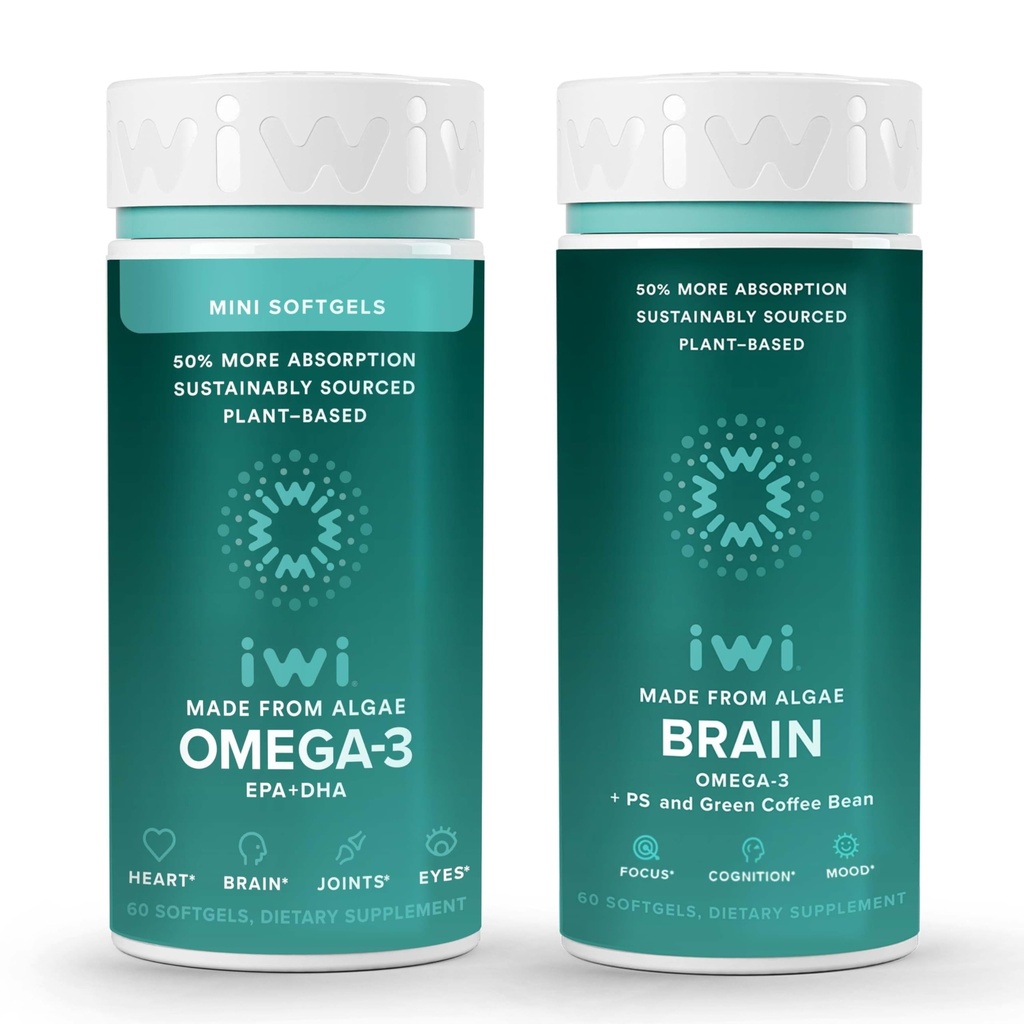 Iwi Omega-3 Minis & Brain Omega-3 Bundle, 30 Tarjoilua, Vegan Plant-Based Algae Omega 3, EPA + DHA, Krill & Fish Oil Alternative, No Fishy Aftertaste