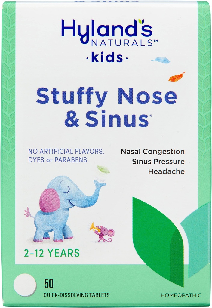Hyland's Kids Stuffy Nenä ja Sinus Tabletit, Cold Medicine for Children Ages 2 and Up, Päänsärky helpotus ja nenän dekongestantti, nopea liukeneva tabletti, 50 kreivi