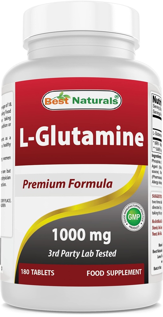 Bästa naturliga L-Glutamin 1000mg Bränsle för träning (Non-GMO) tabletter, 180 greve