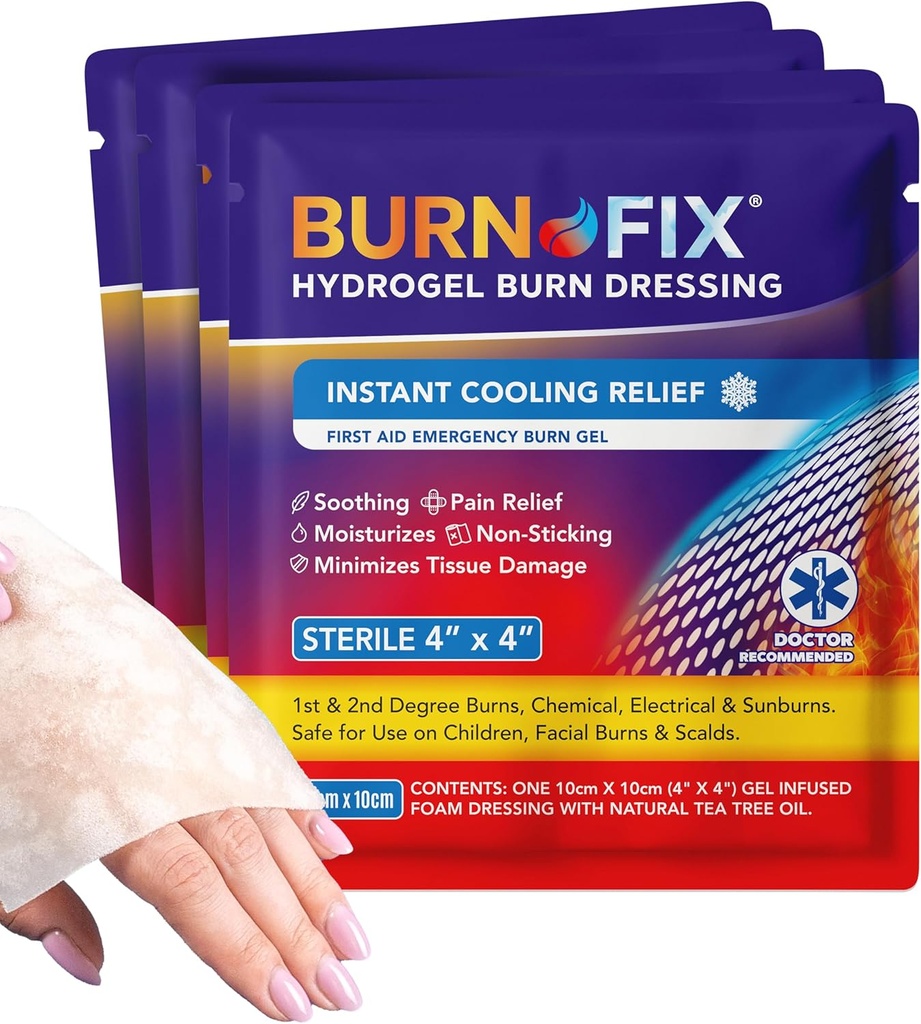 BurnFix® - 4 Pack-Burn Gel pukeutuminen 4 x 4" Burn Care Cream ensiapuhoito. Välittömän kivunlievityksen Hydrogel Burn pukeutuminen 1st, 2nd Degree Burns, Razor & Sunburns koti, työ, palo, EMS