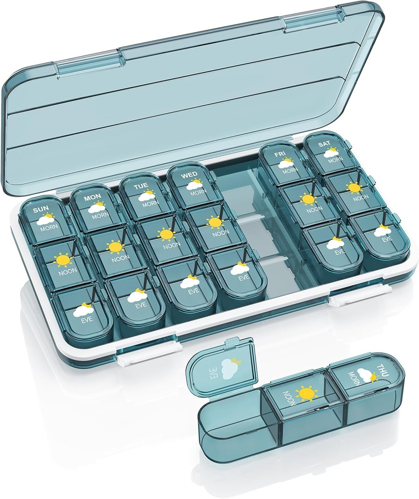 Pill Organizer 3 Kertaa päivässä, 7 päivän pilleri laatikko - Acedada Viikoittain matka pilleri kontti, suuri lääke Dispenser vitamiineja tapaus täydentää haltija Järjestäjä, sininen