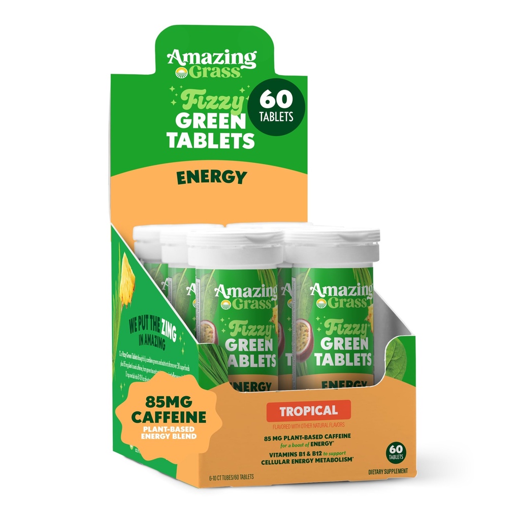 Hämmästyttävä Grass Fizzy Green Tabletit Energia Trooppinen: Vihreät + Vihreä tee kofeiini, vesi maku tabletti antioksidantteja, 60