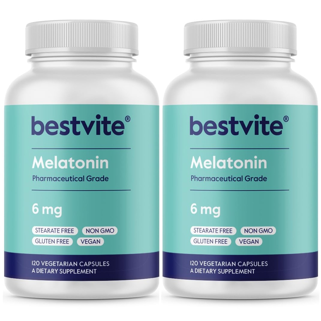 BESTVITE Melatoniini 6 mg (240 kasviskapselia) (120 x 2) - Ei stearaattia - Vegan - Ei muuntogeenisiä organismeja - Gluteeniton