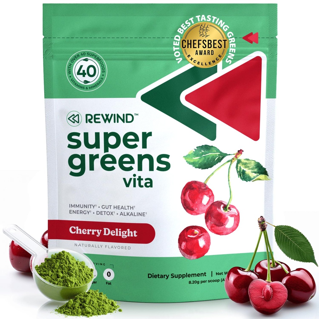 Bästa smak Super Greens Powder med 40 + Superfoods - Delicious Daily Green Powder med vitamin B12, Zink, Vitamin C, Magnesium & Calcium - Green Juice Superfood Mix - Cherry Flavor