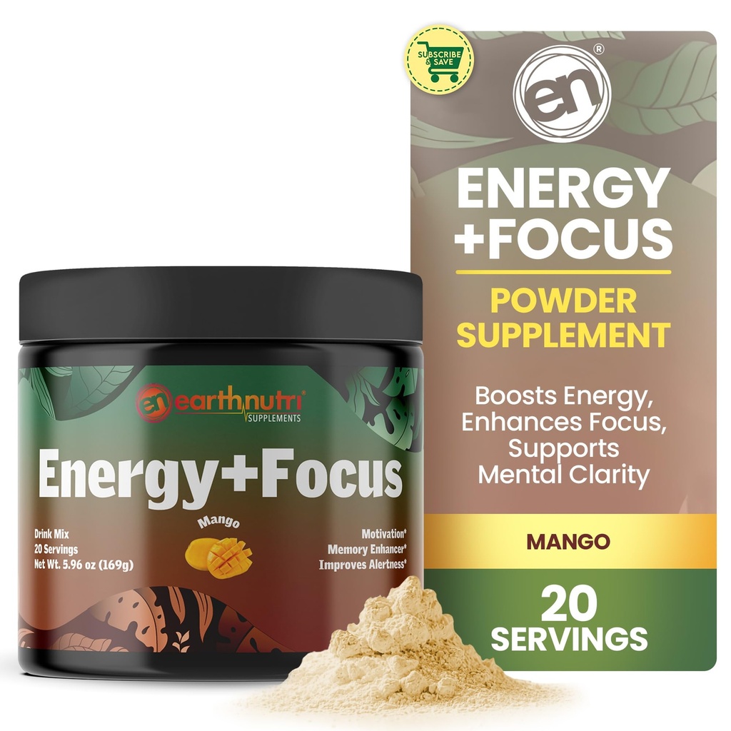 EarthNutri Energy + Focus Powder Supplement - Energy Boost & Helps Concentration with PeakO2, AlphaSize, Cognizin, PurCaf, Theacrine, Acetyl L-Carnitine L-tyrosine 