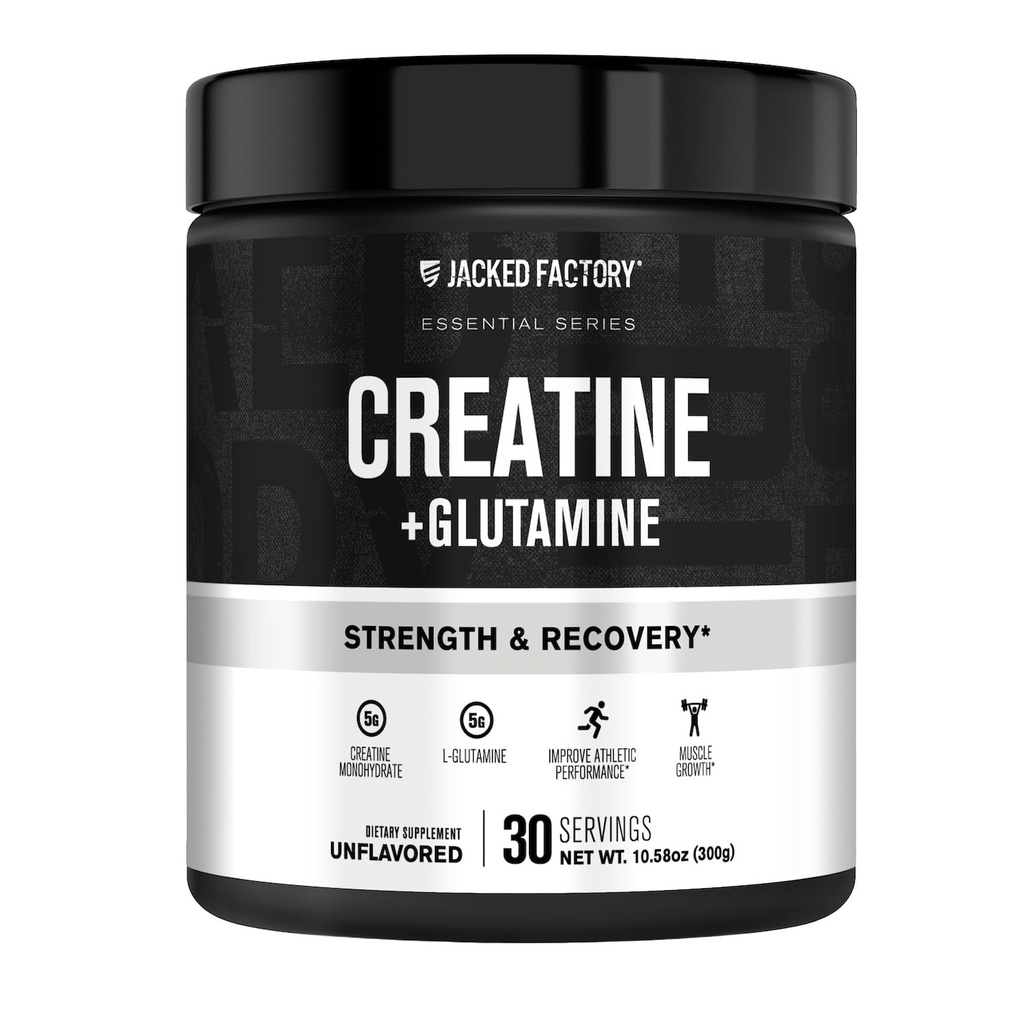 Jacked Factory Creatiini + Glutamiini - Creatiini täydentää L-glutamiini lihasten Recovery, lihasten kasvu, lisääntynyt vahvuus, parannettu energian tuotanto, ja Gut Health - 30 tarjoiluja, makuamaton