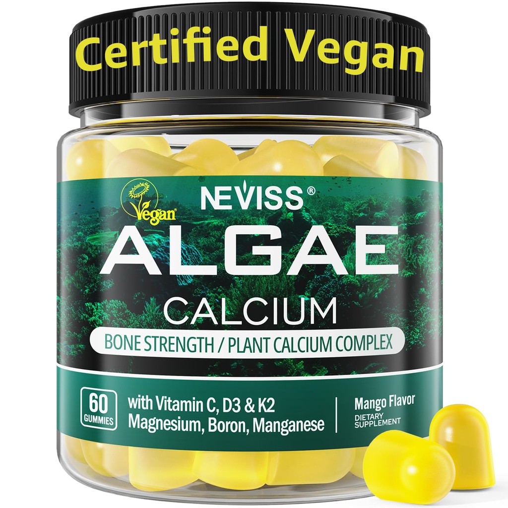 Kalsium Gummies for women + Magneusum-vitamiini D3 K2, C, Sinkki, Boron, Kestävä Algae (3rd Party Tested) for Bone Strength, Hermo, kalsium Absoption, Sokeriton kalsium Supplement, Vegan, 60 Counts