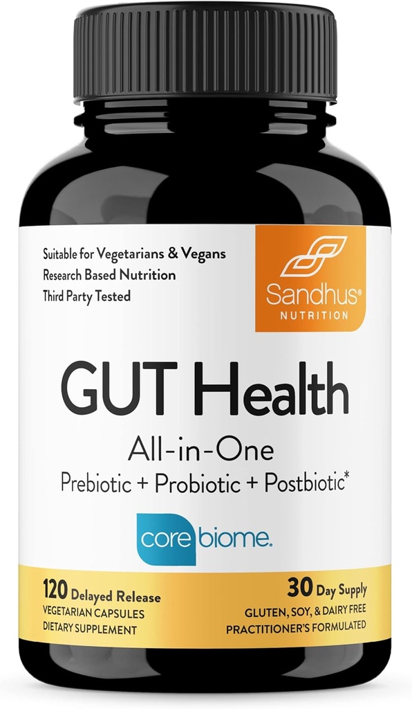 Sandhu's Gut Health - Prebiootti, Probiootti, Postbiootti & L- glutamiini . Ruoansulatuselimistö, koloni, probiootti Kokonaislisät ... 120 Viivästynyt kapseli