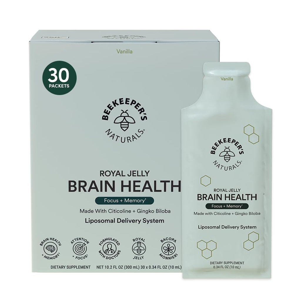 Nootropic Brain Supplement by Beekeeper's Naturals, 500mg Citocoline, Ginkgo Biloba, Bacopa Monnieri & Royal Jelly, Tukee Focus & Memory, Helpompi imeytyminen, Plus tasty Vanilla Flavor, 30ct