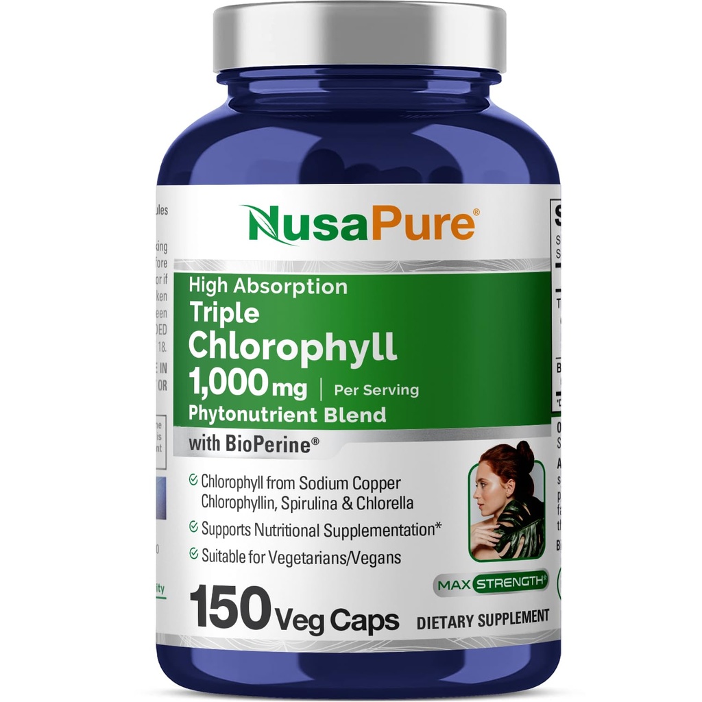 NusaPure High Absorption Triple Chlorophyll 1000 mg 150 Veg Caps lämpliga för vegetarianer och veganer, icke-GMO