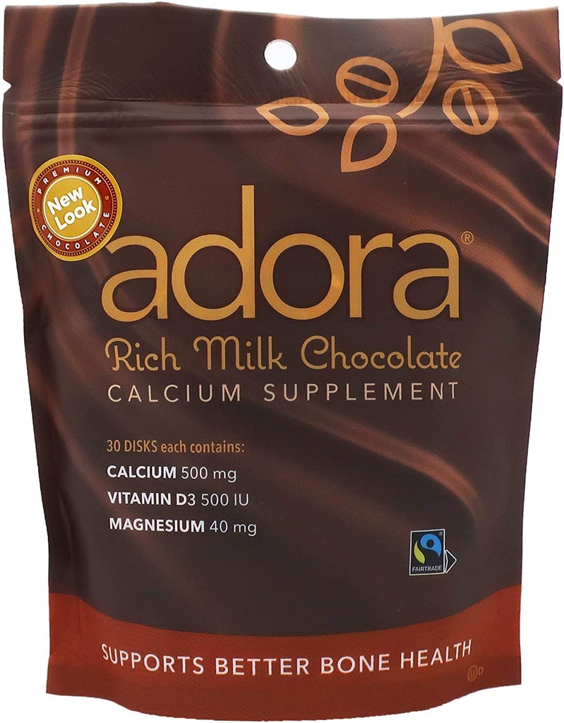 Adora Premium D3-vitamiini Magnesium ja kalsiumlisä, 500 mg, maitosuklaa, 30