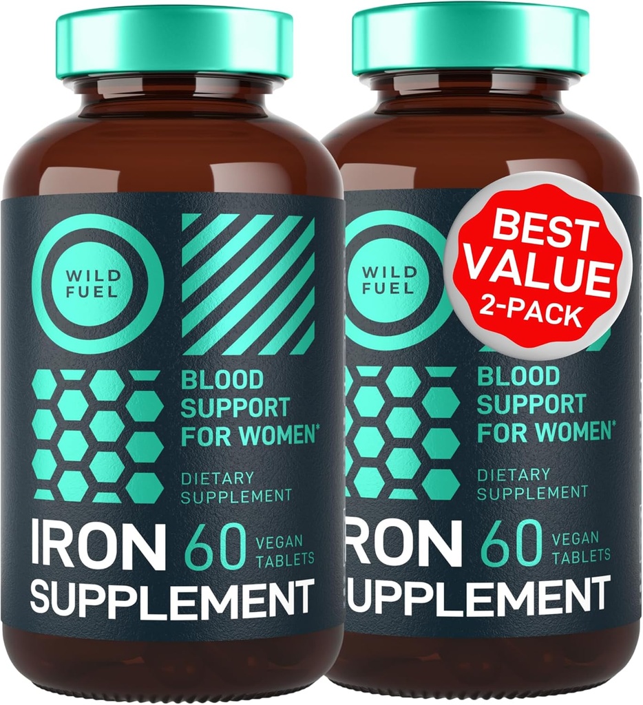 Vegan Iron Supplement for Women with Folic Acid - 35 mg Blood Builder Ferrous Sulfate, Folic Acid 400 mikrog - Iron Pills for Women with Anemia & Raskaus Support - 120 Gluteenittomat tabletit - 2Pack