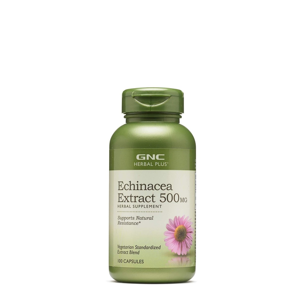 GNC Herbal Plus Echinacea Extract 500mg Supplement, Vegetarian, stöder naturlig motstånd, 100 portioner