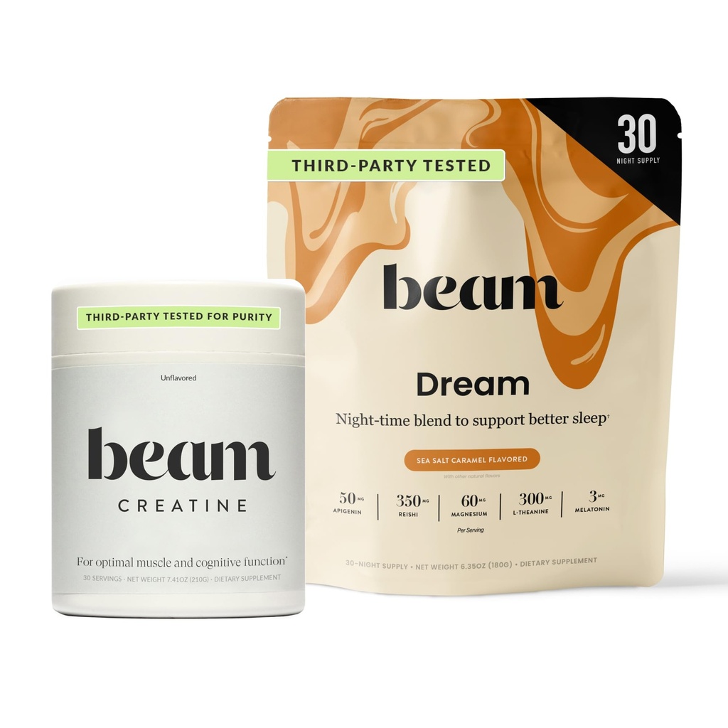 Beam Dream Sleep Powder & Creatiini Bundle, kolmas osapuoli testattu luonnollinen uniapu & Recovery täydentää mikronoitu Creatiini Monohydraatti, makuamaton puhdas Creatiini jauhe lihasvoimaa, energia