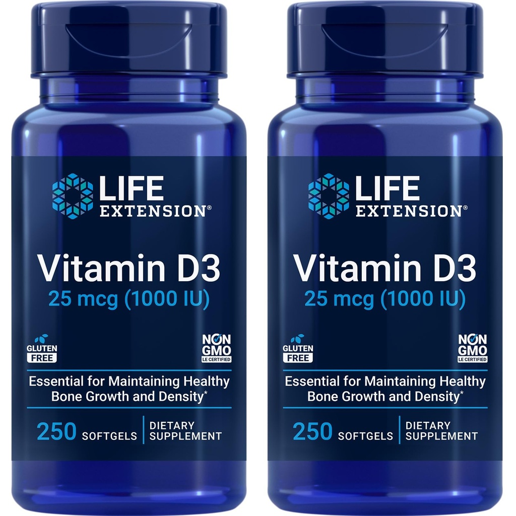 Life Extension D3-vitamiini 25 mikrog (1000 IU), immuunijärjestelmän tuki, luunterveys, koko kehon terveys, arvo koko, gluteeniton, ei-muuntogeeniset ...