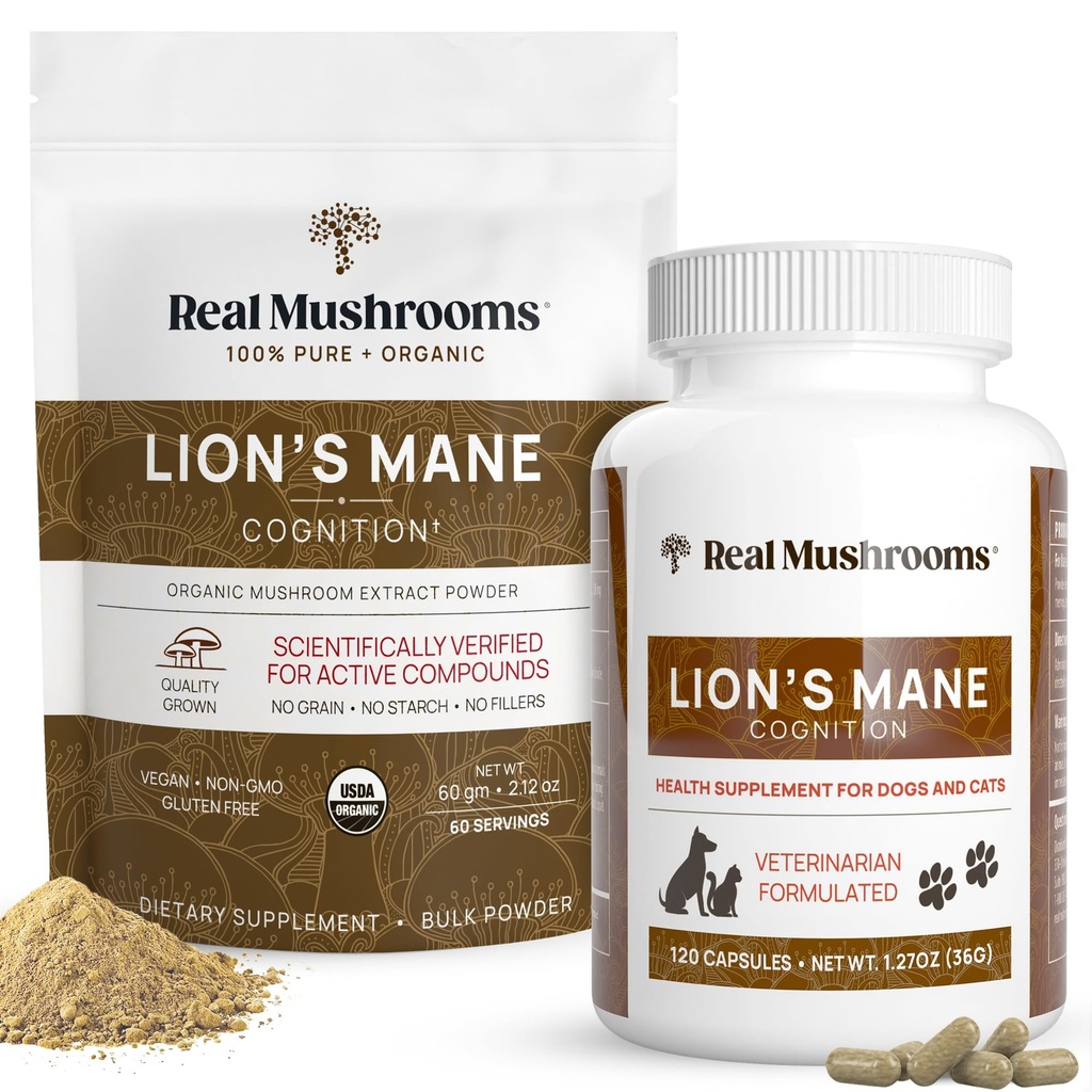 Real Mushrooms Lions Mane for Human (60 tarjoilua) ja Lemmikkieläimet (120ct) - Powder & Capsules Bundle for Cognition & Immuniteetti - Vegaani, Ei-GMO, Gluteenittomat, Grain-vapaa sieniuute lisäravinteet
