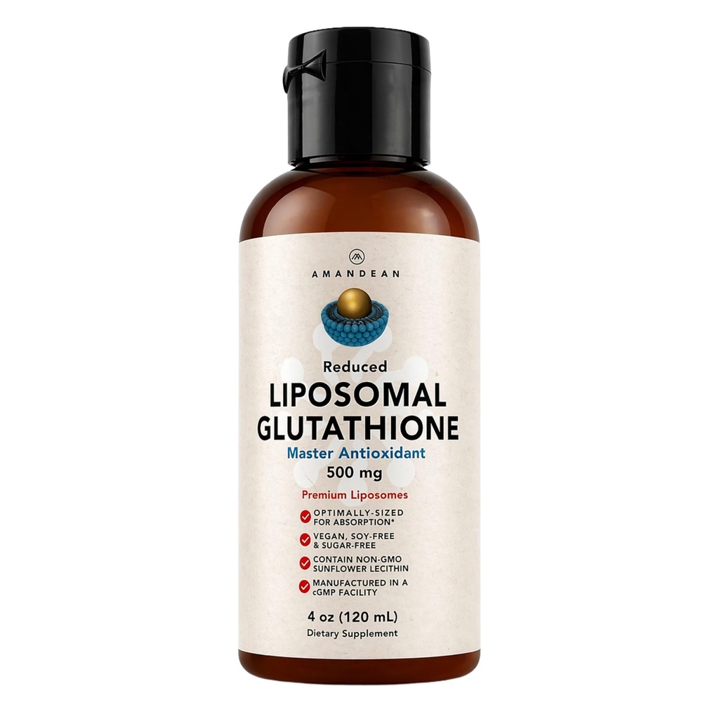 AMANDEAN Liposomal Glutatione Supplement. Liquid Alennettu Setria 500 mg. Immuuneja tuki, aivot terveys, maksan detox, ihon terveys. Fosfatidyylikoliinia ei-GMO Auringonkukkalesitiinistä. Soy-free & Vegan.