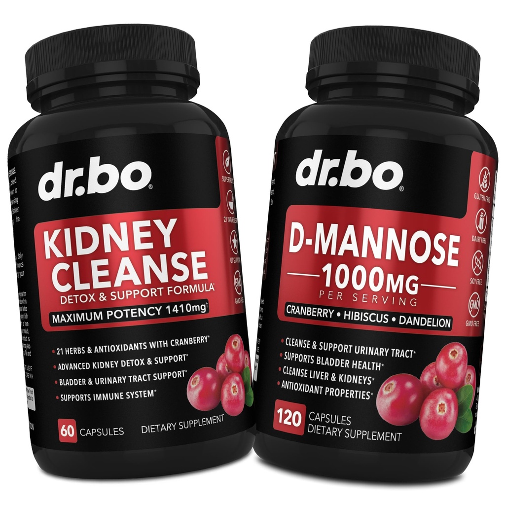 Kidney Cleanse & D Mannose Supplements - Kidney Detox Support Supplement, D-Mannose 500mg 1000mg Capsules - DMannose & Natural Cranberry för att stödja njurar, Bladder & Urinary Tract Health Supplements