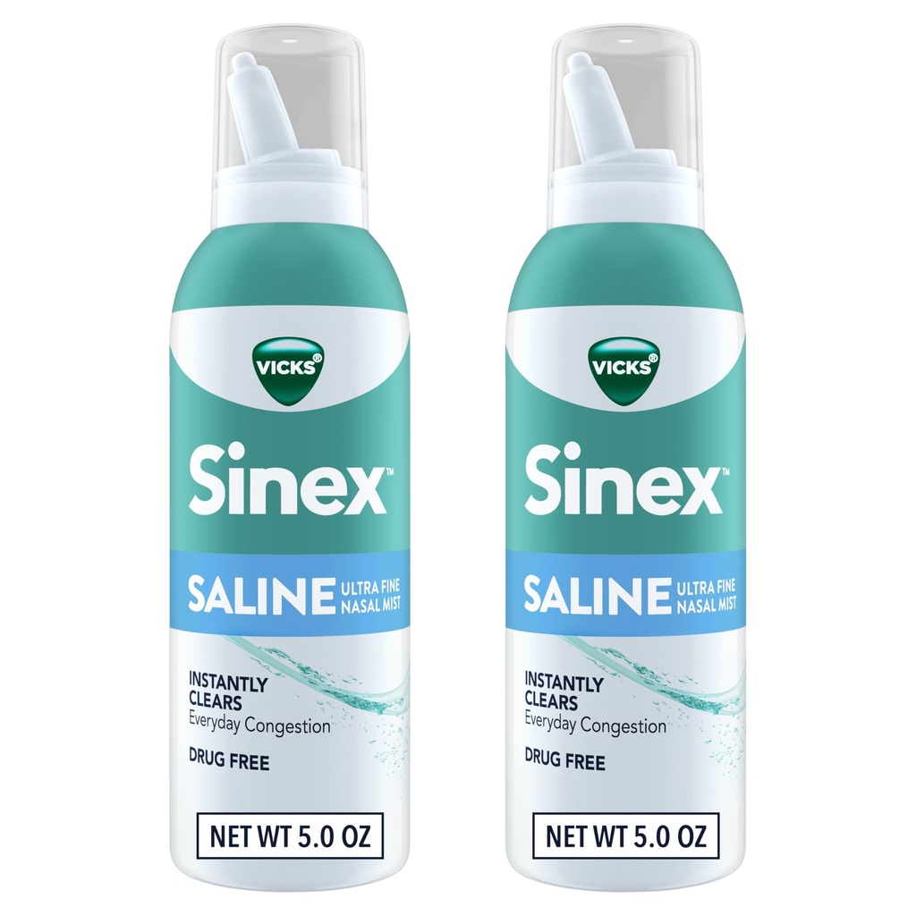 Vicks Sinex SALINE Nenänsuihke, Drug Free Ultra Fine Mist, Tyhjennä Everyday Sinus Congestion Nopea, Poista lima kylmästä tai allergia, Päivittäinen käyttö 5,0 fl oz x 2