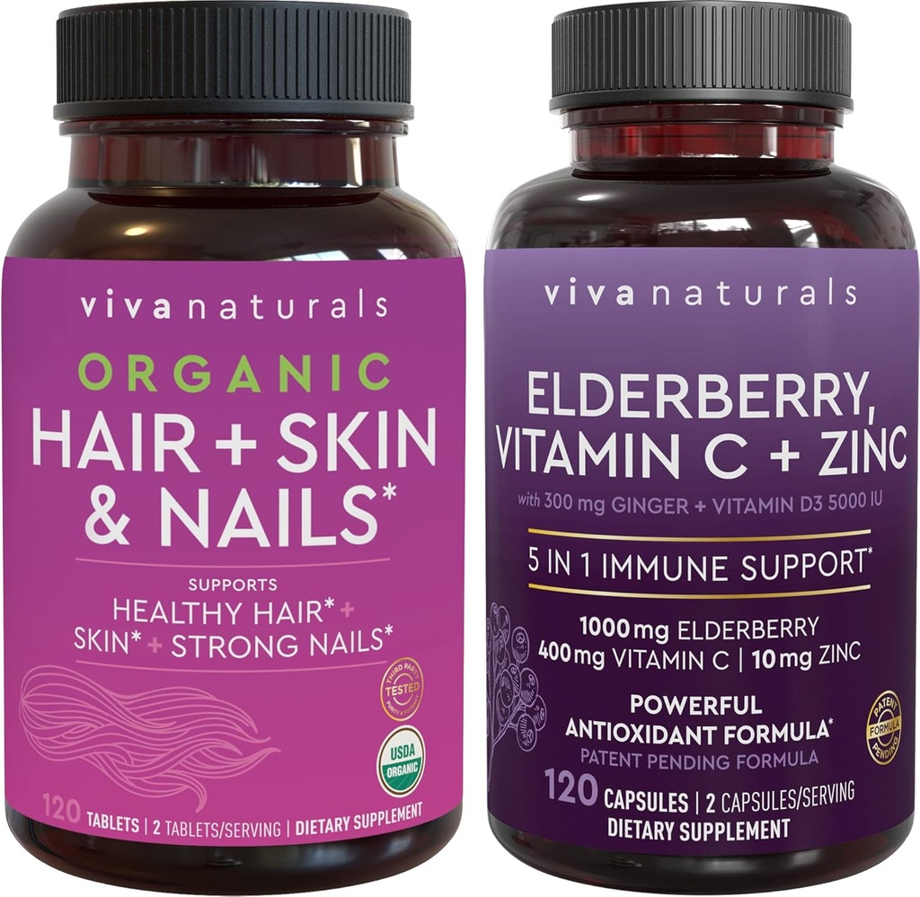 Organic hiukset iho ja kynnet + vanilja, C-vitamiini & Sinkki Bundle, valmistettu Biotiini 5000 mcg terveille hiuksille, vanderiikki antioksidantti ja immuuni tuki