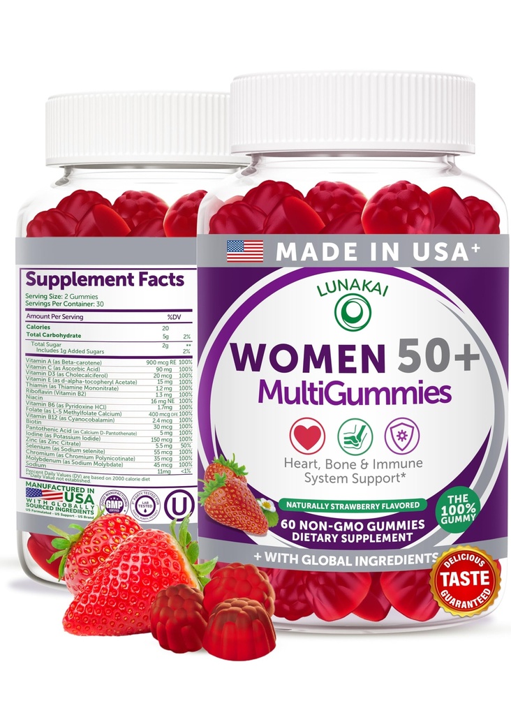 Lunakai USA Made 50 Plus Naisten monivitamiini Gummies - herkullinen Formula Enhanced with Essential Vitamiinit & Minerals for Health & Vitality - 60ct