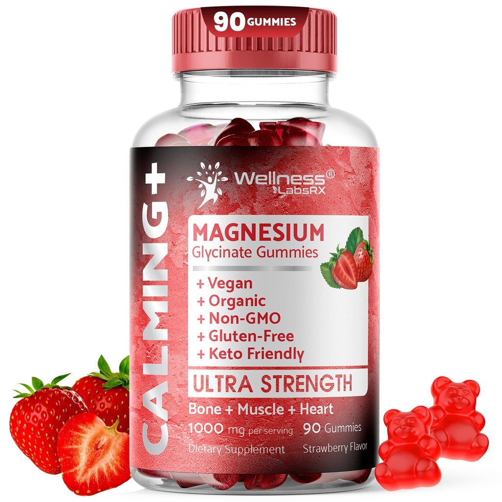Magnesium Glycinate Gummies, 1000 mg - Magnesium täydentää tukea rentoutumista, Heart Health - purutabletti rauhoittava Magnesio Gummies aikuisille, Glicinato De Magnesio - mansikka maku
