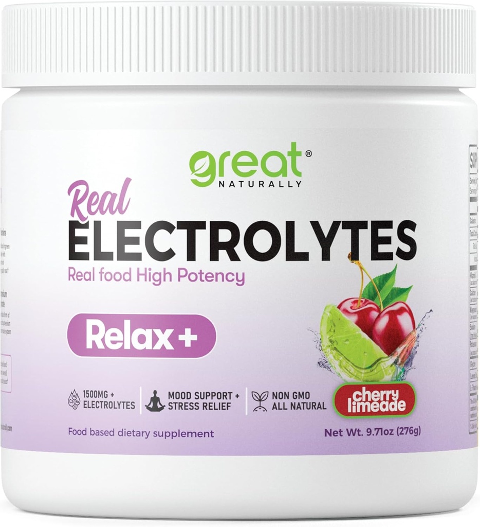 Relax+ Cherry Limeade Calming Electrolyte Supplement: Hydraation & Mood tuki rentoutumista, stressin lievittäminen, lisämunuaisen ja kortisolin tuki - Glysiini, L-Theanine, Lemon Balm - USA Made