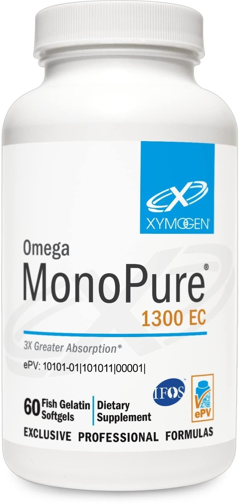 XYMOGEN Omega MonoPure 1300 EC - Fiskolja med 3X Greater Absorption - DHA EPA Omega 3 Supplement för hjärthälsa + kognitivt stöd (60 Softgels)