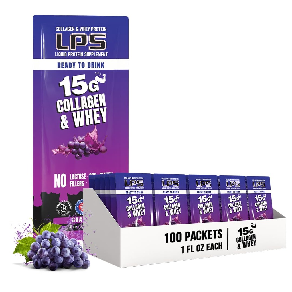 Nutritional Designs LPS Liquid Collagen & Whey Protein Supplement - non-GMO Drink, Sugar-free - edistää tervettä ihoa ja hiuksia miehille ja naisille, viinirypäle, Single Serve (100 Packets)