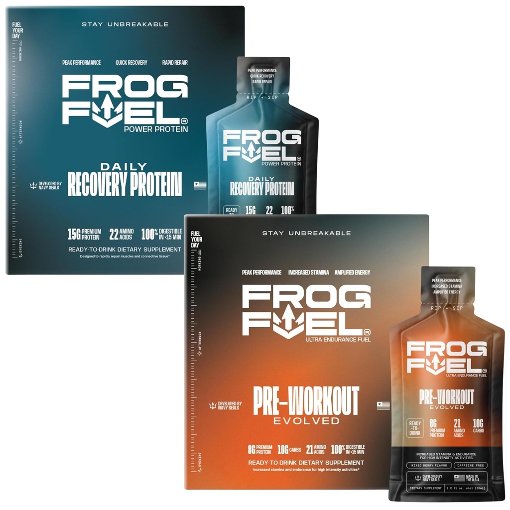 Frog Fuel Power Regular Protein & Ultra Pre Treen Shot Bundle, 1500 mg Beta Alanine, 15g Protein Nano-Hydrolyzed Grass Fed Collagen, Pre & Post Treen, 1.2 oz Packets, 48 Pack