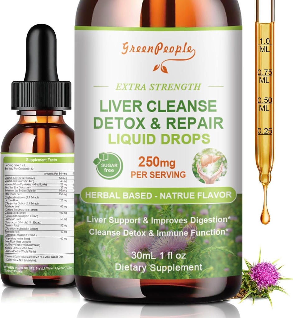 GREENPEOPLE Liver Cleanse Detox & Repair Drops - Lever Supplement w/Milk Thistle Silymarin, Artichoke & Dandelion för Liver Detox & Support- 16x Potent Herb-Nutrients - 1Fl Oz Natural Flavor