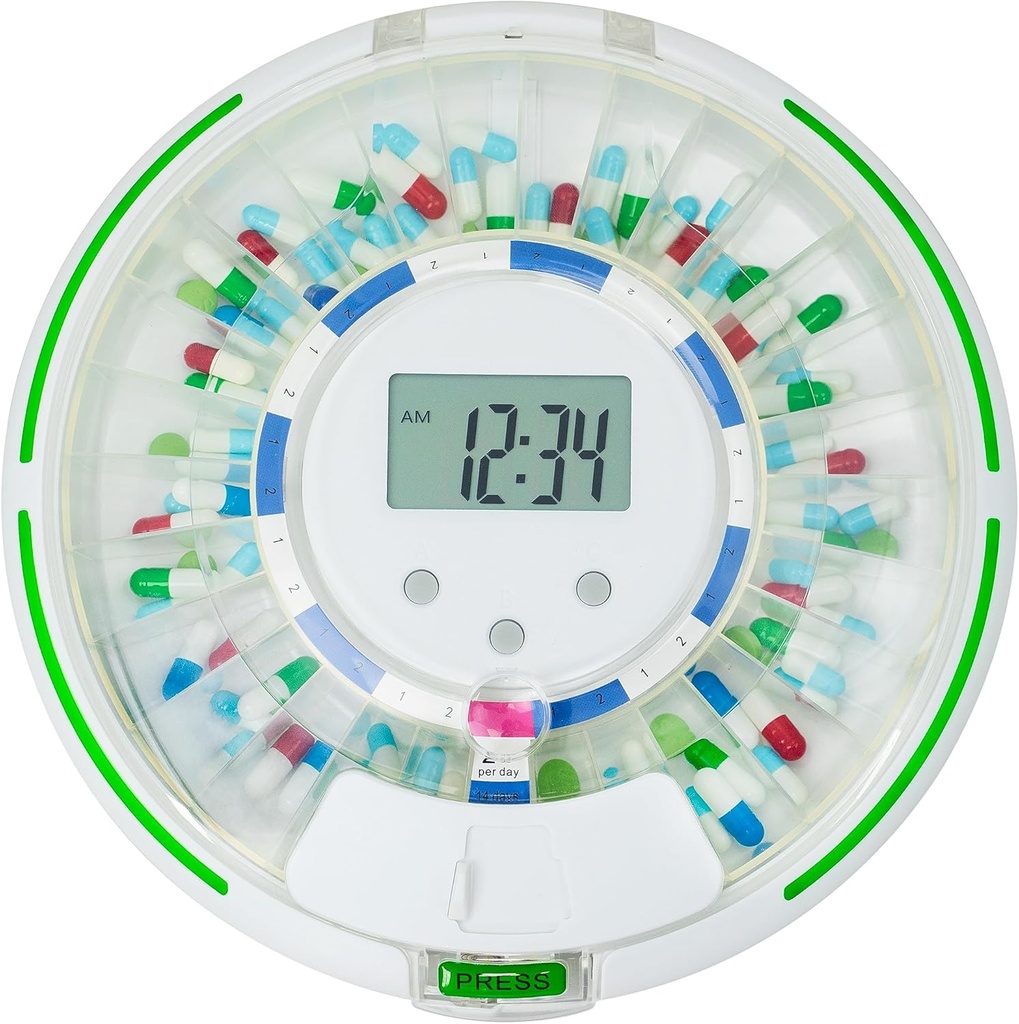 Automatisk Pill Dispenser för äldre med Alarm, Lock 28-Day Medication Dispenser, 6 Doseringsmallar, Ljud & Ljus Varningar & Nyckel för Vitaminer, Kosttillskott (Clear Lid)