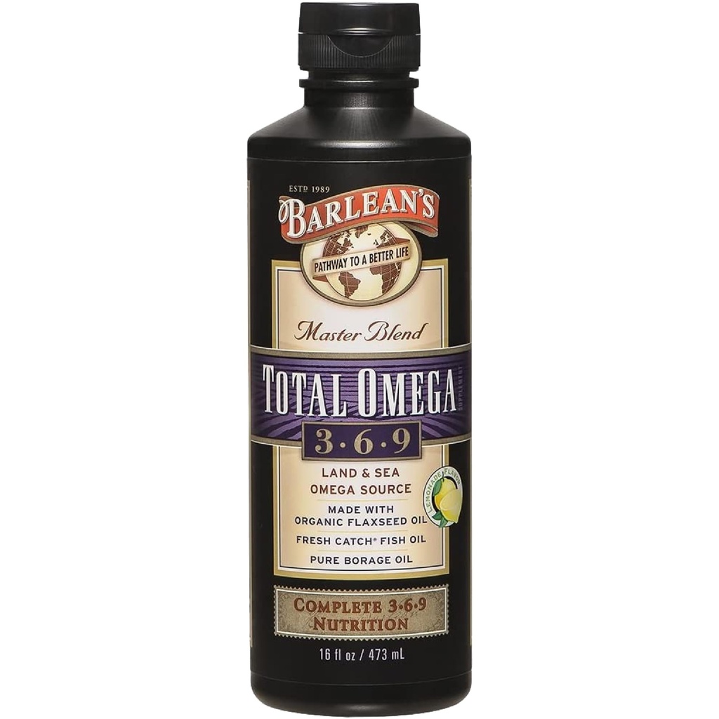 Barlean's Total Omega 3 6 9 Liquid Fish Oil Supplement with Borage and Pellavaöljy 6 468 mg Omegas EPA, DHA, ALA, ja GLA for Joint and Heart Health, 16 oz
