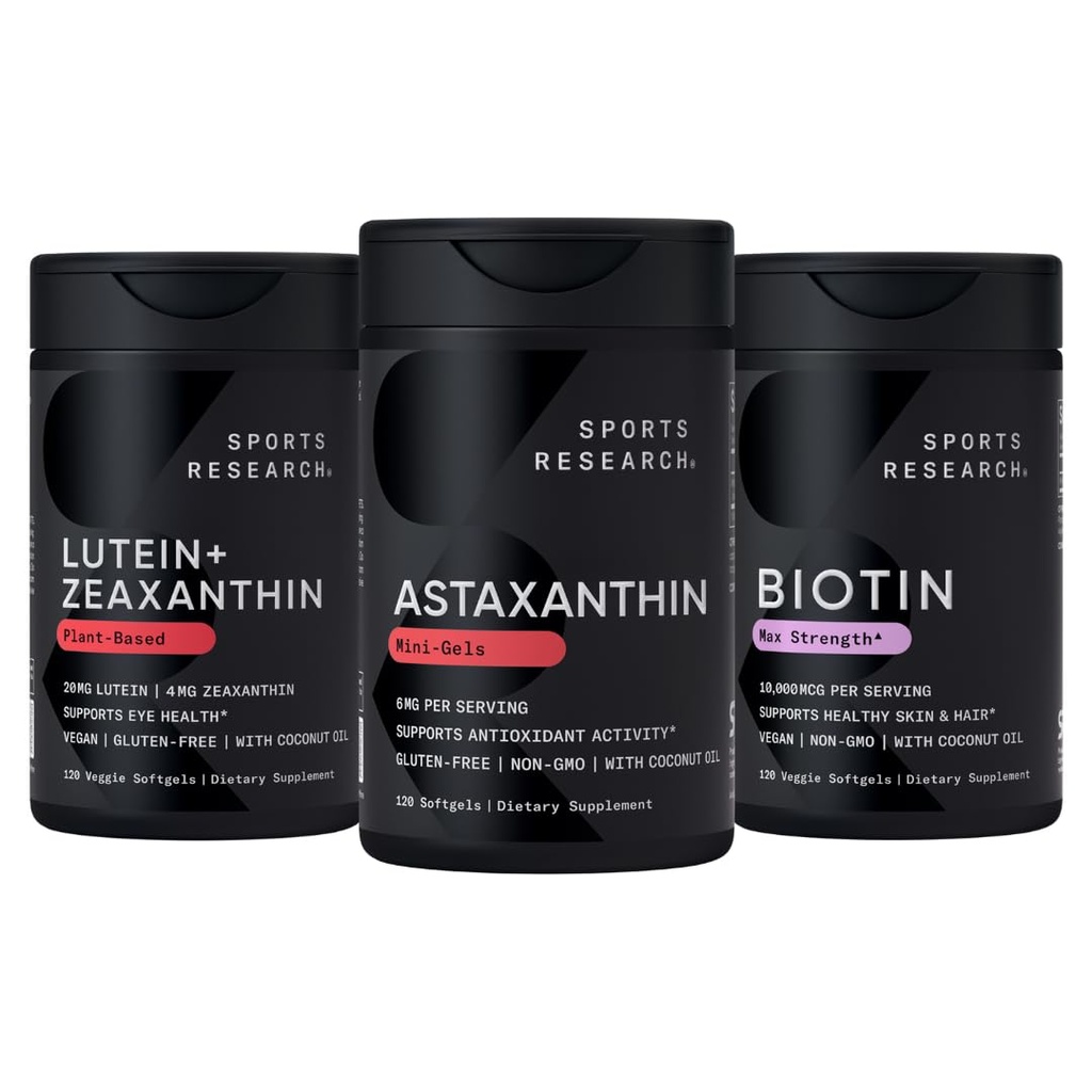Sports Research Biotin (B7) 10 000 mcg + Lutein + Zeaksantiini (20 mg) + Astaksantiini Supplement Algae (6 mg) - Kaikki Vegan ... 120 Softgels Jokainen ...