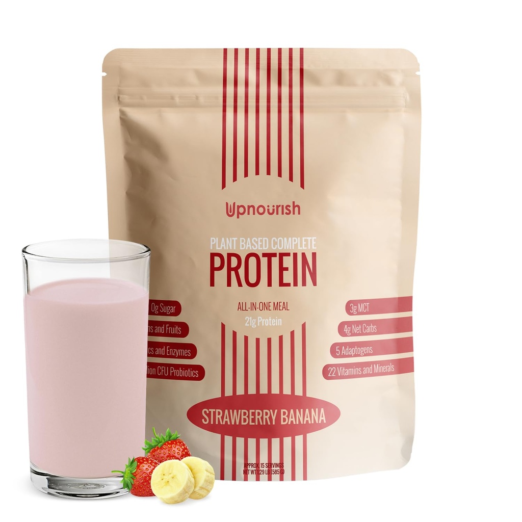 UpNourish Strawberry Banana Vegan Protein Powder 54 Superfoods Powder,1,5 miljarder CFU Probiotics 21g Plant Based Protein, No Sugar No Dairy No GMO Dairy Free, Meal Replacement Shake Keto-Friendly Low-Carb Diet, 15 Servings